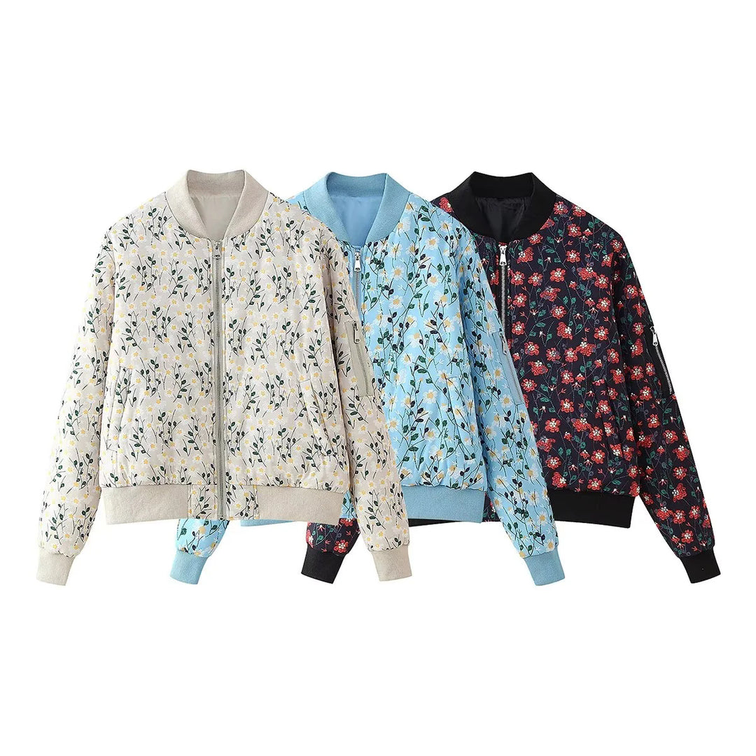 Women's slightly padded bomber jacket with subtle floral quilt, zipper and arm pocket Mune Fashion