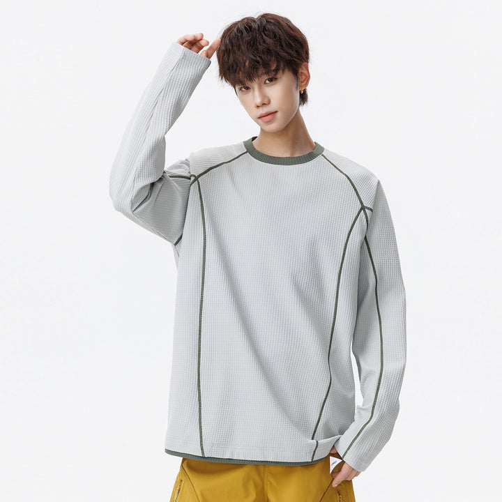 Men's waffle structure long sleeve shirt in oversized cut with contrast flatlock seams and round neckline Drune