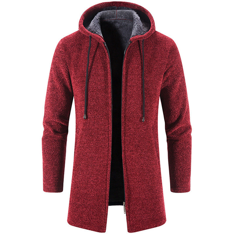 Men's longer hooded knit coat with teddy lining, full zipper and side pockets Mune Fashion