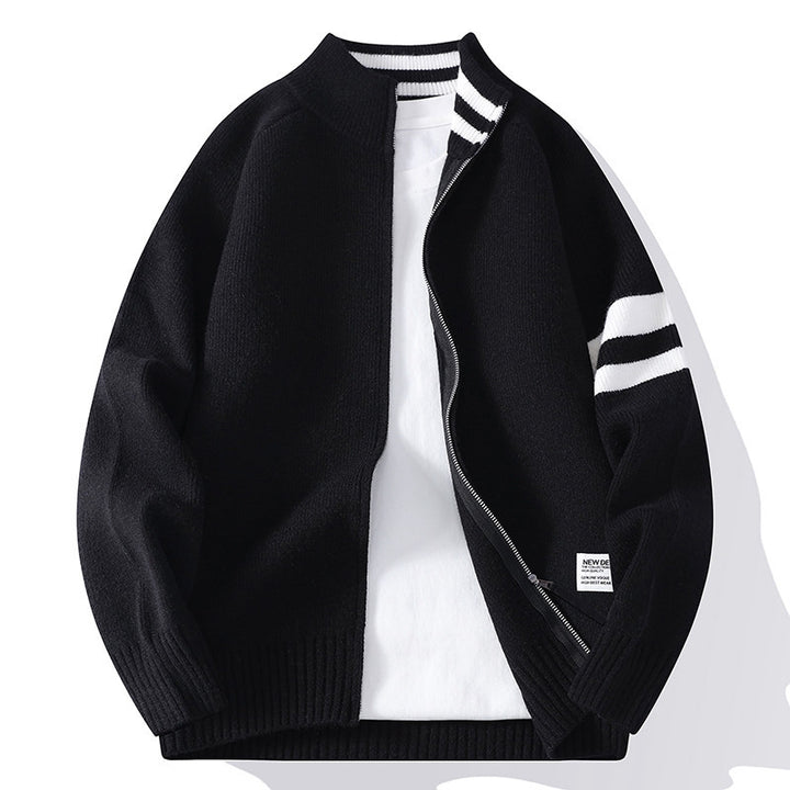 Men's knitted zip cardigan in college style with striped sleeve band and ribbed stand-up collar Mune Fashion