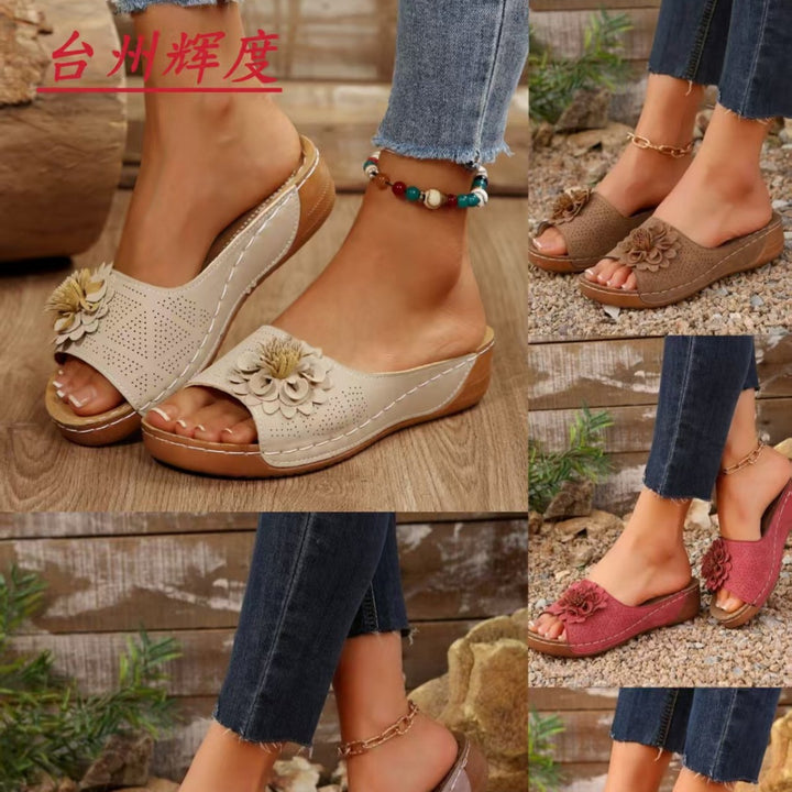 Women's Perforated Wedge Sandals as Slip-On with Flower Application and Padded Footbed Mune Fashion