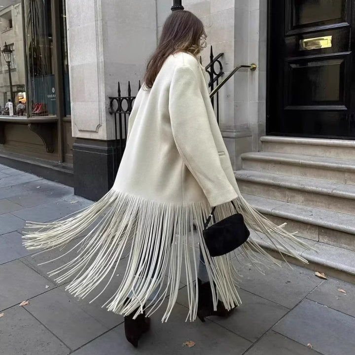 Women long fringed blazer coat with pleated hem, lapel collar and patch pockets Mune Fashion