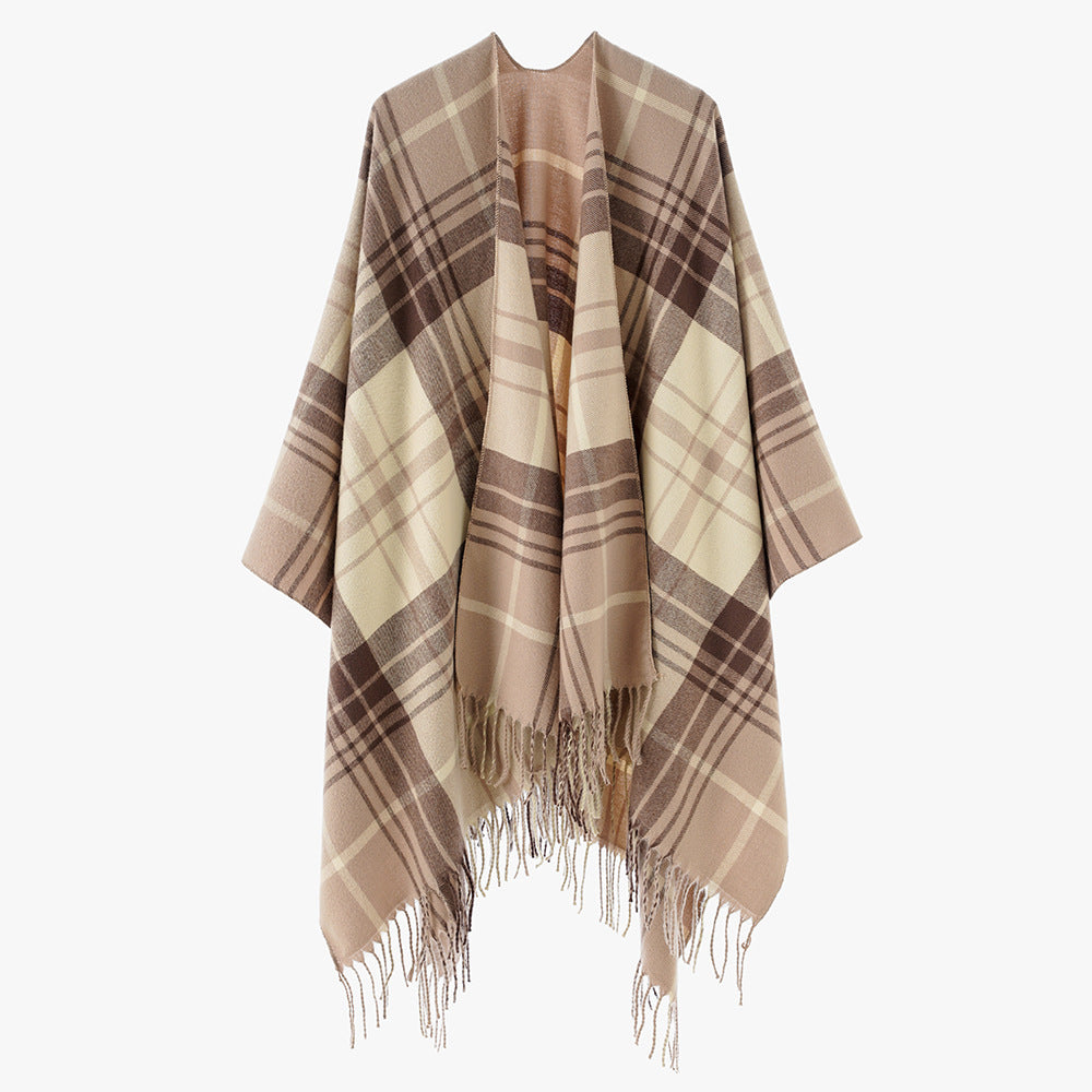 Women's Pure Wool Look Throw in Tartan Check with Open Front and Fringed Hem Mune Fashion