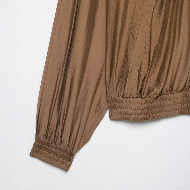 Women's Pleated Satin Cropped Blouse with Balloon Sleeves and Gathered Elastic Waist Mune Fashion