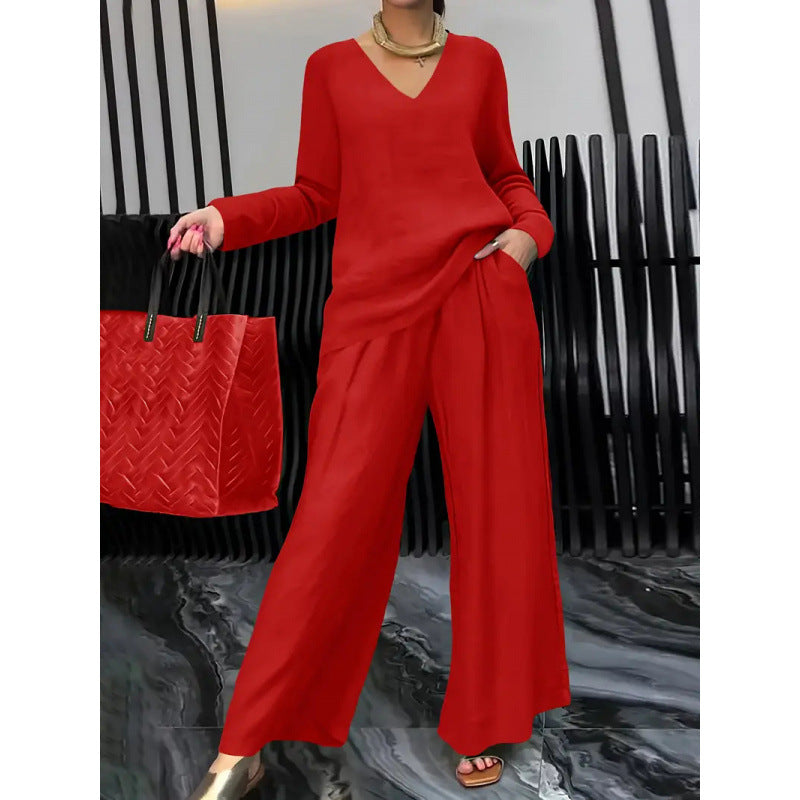 Women's Fine V-Neck Knit Sweater with Flowing Palazzo Pants Mune Fashion