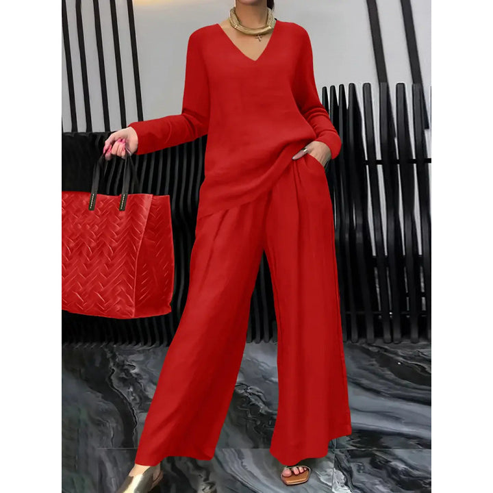 Women's Fine V-Neck Knit Sweater with Flowing Palazzo Pants Mune Fashion