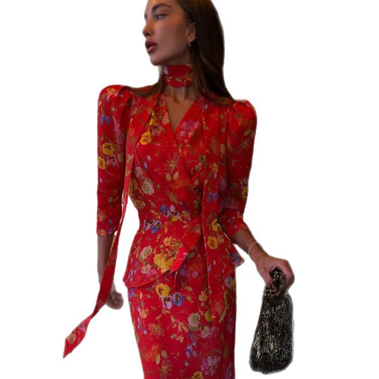 Women's Wrap Maxi Dress with Floral Print, Puff Sleeves and Shawl Collar Mune Fashion
