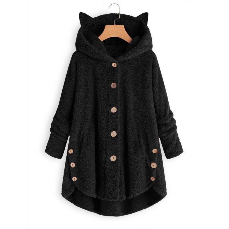 Women's Hooded Teddy Coat with Cat Ears, Button Placket and Asymmetrical Hem Mune Fashion