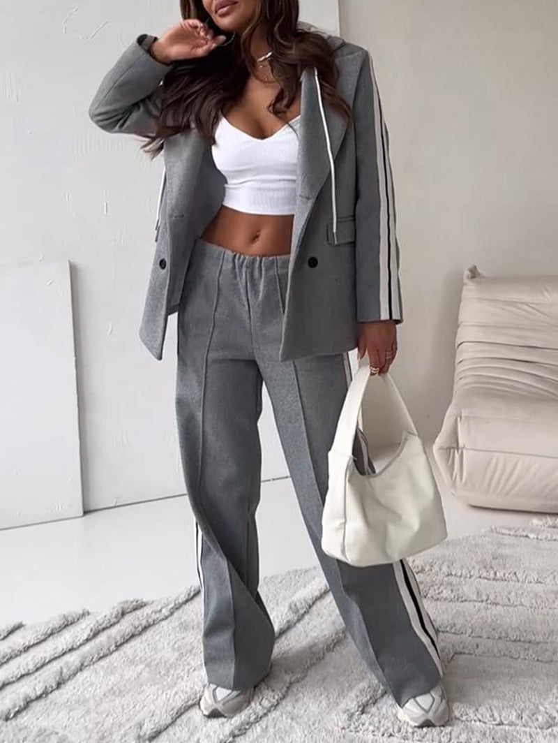 Women's sporty-elegant blazer two-piece with hooded blazer and wide training pants with side stripe Mune Fashion