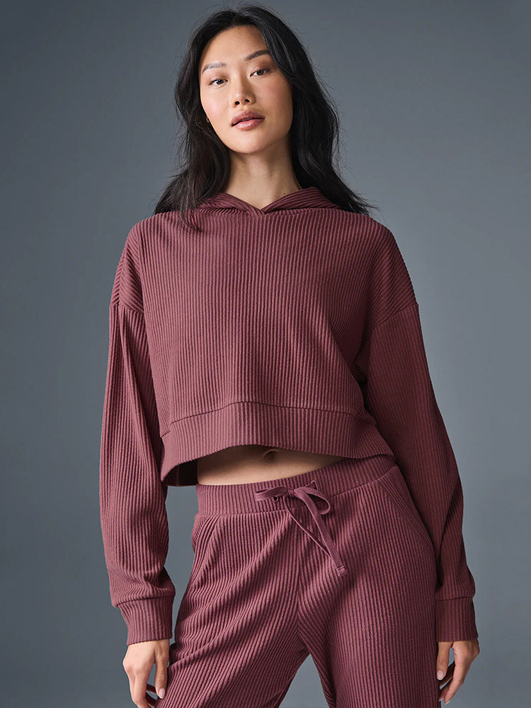 Women Ribbed High-Waist Lounge Pants with Drawstring and Cuffs Mune Fashion