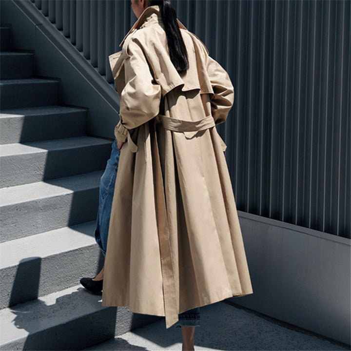 Women's Oversized Trench Coat with Wide Back Hem, Ties Belt and Storm Detail Mune Fashion