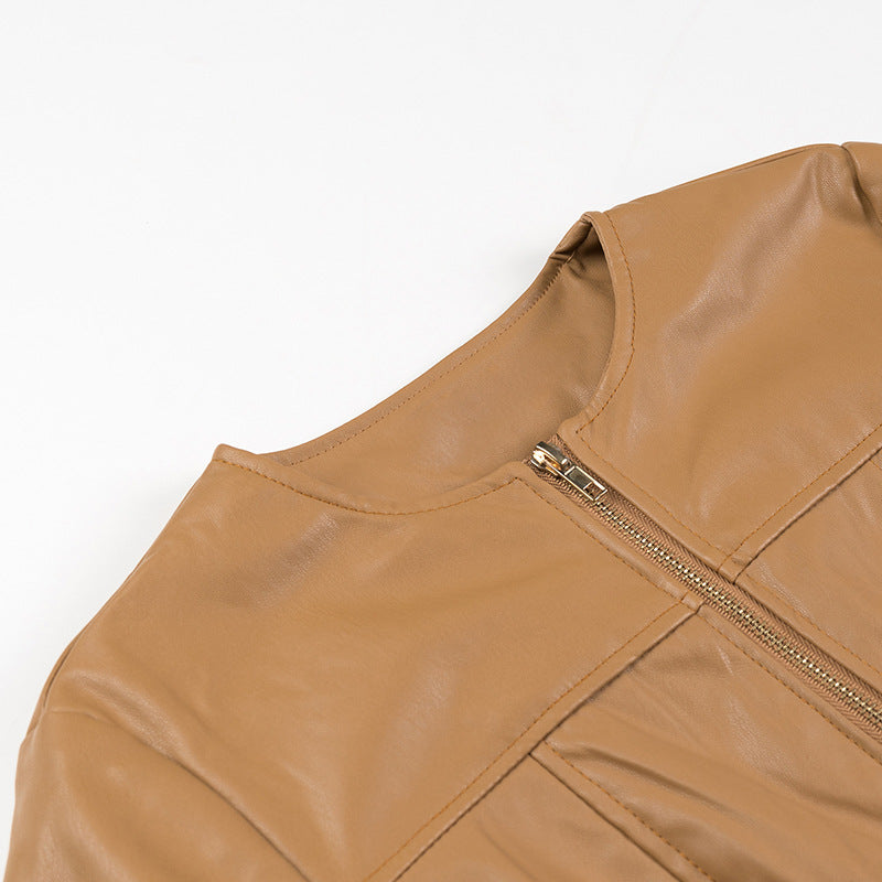 Women's leather jacket without collar with tailored fit and full zip Mune Fashion
