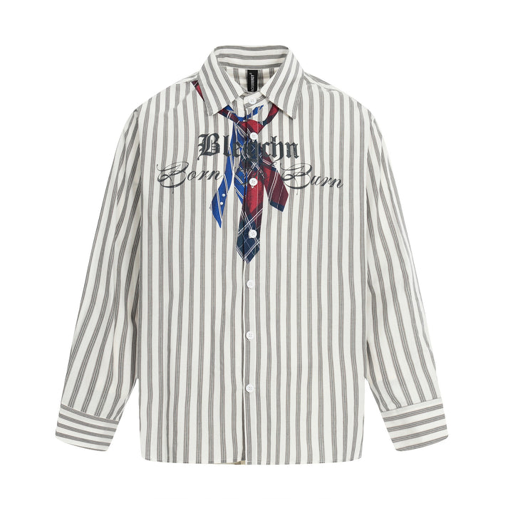 Women Oversize Shirt with Vertical Stripes, Tie Print and Vintage Inscription Mune Fashion