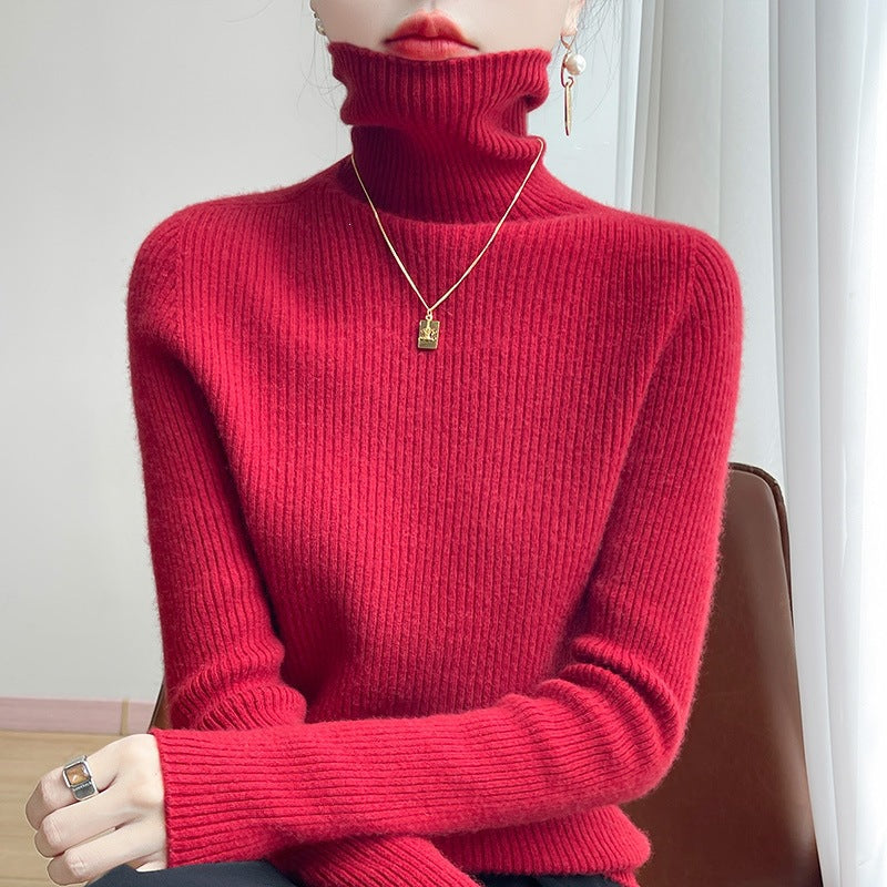 Women Slim Ribbed Knit Turtleneck Sweater with Ruffled Neck and Cashmere-like Feel Mune Fashion