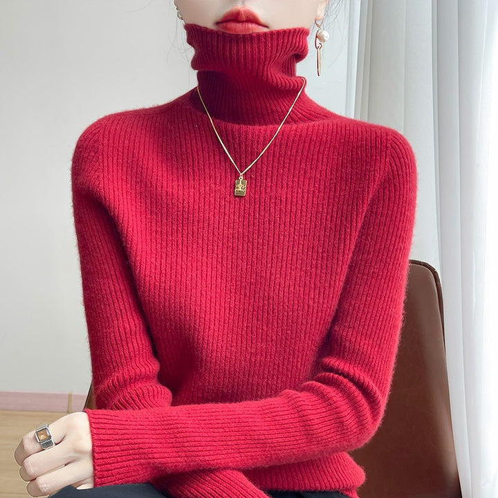 Women Slim Ribbed Knit Turtleneck Sweater with Ruffled Neck and Cashmere-like Feel Mune Fashion