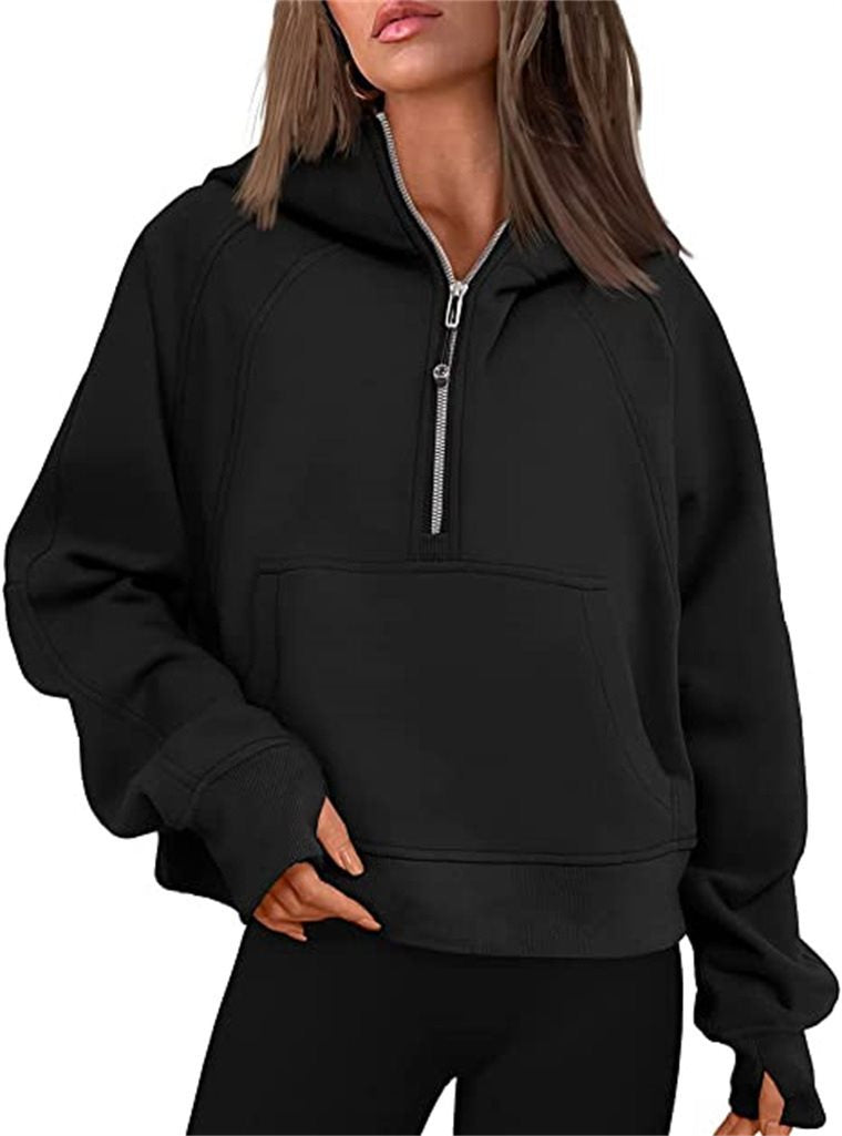 Women's short cut hoodie with half zipper and kangaroo pocket Mune Fashion
