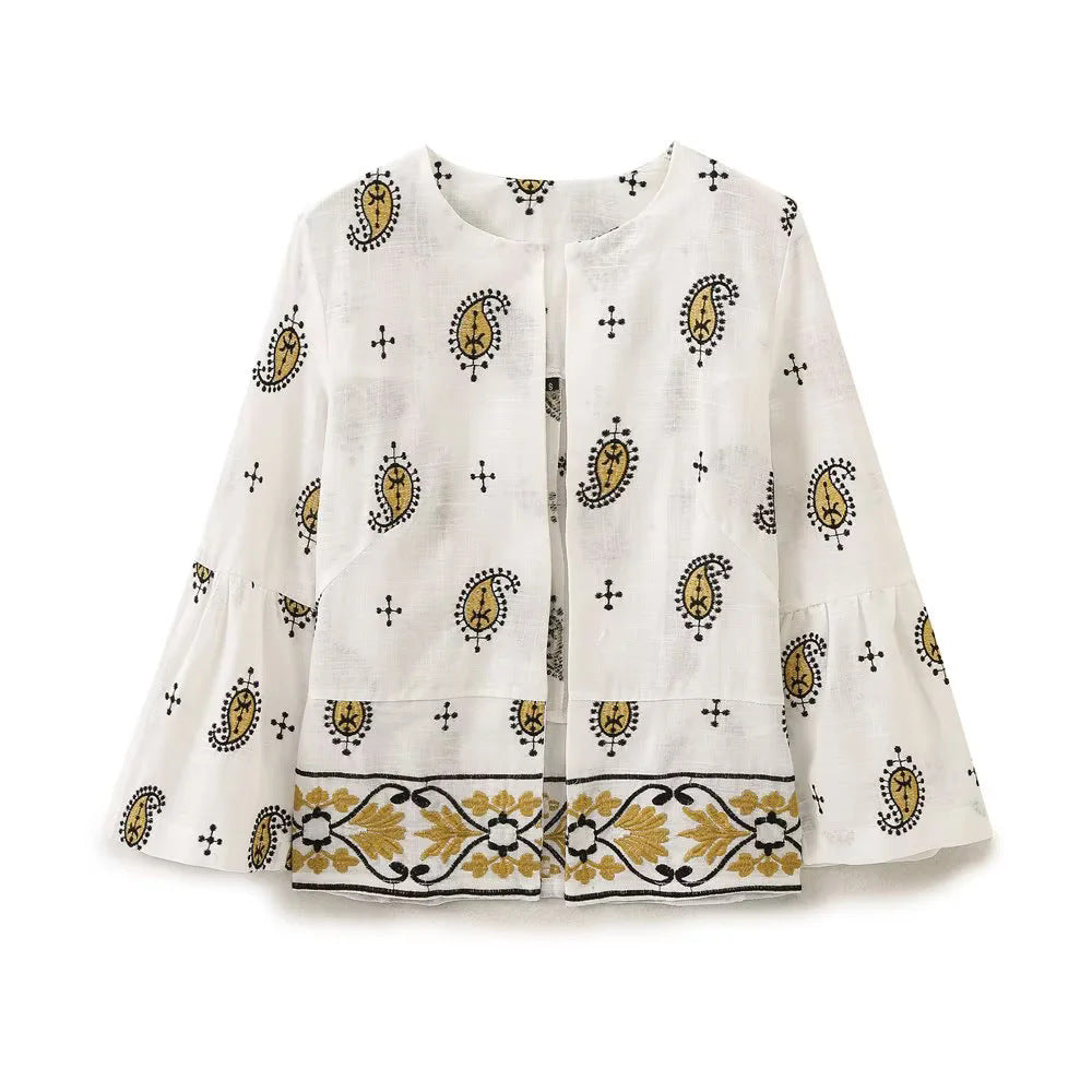 Women's wide linen trousers with a high waistband, border embroidery, and folk paisley print Mune Fashion