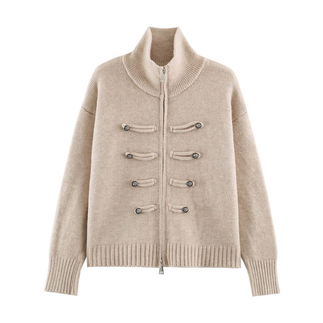 Women's cardigan with zipper, high stand-up collar, and decorative button plackets Mune Fashion