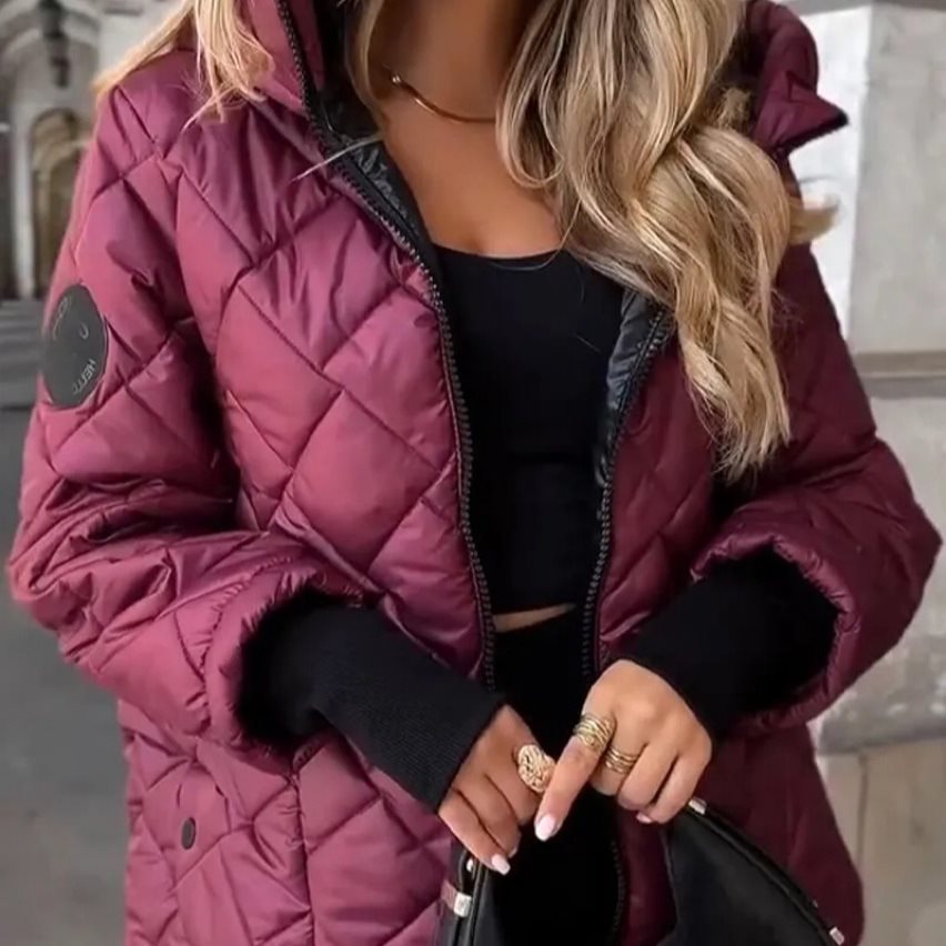 Women's Padded Hooded Quilted Jacket with Check Quilting, Light Thermal Filling and Full-Length Zipper Mune Fashion