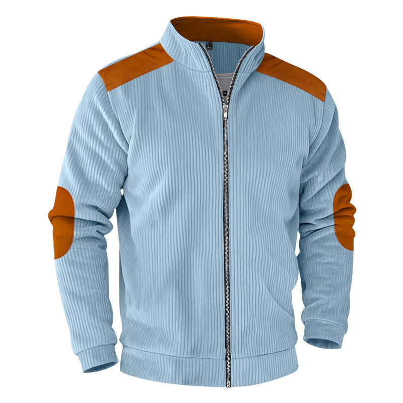 Men's ribbed stand-up collar sweat jacket with full zip, shoulder and elbow patches Mune Fashion