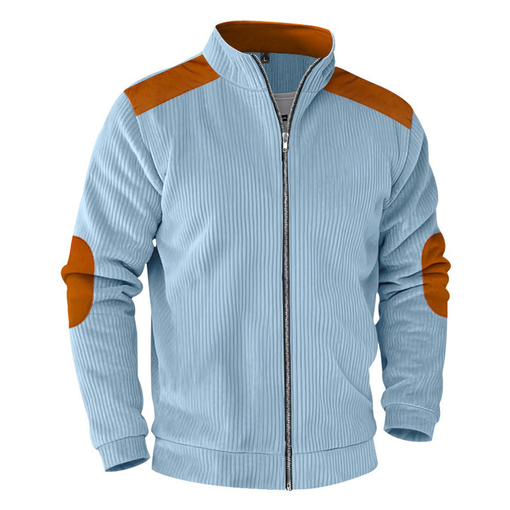Men's ribbed stand-up collar sweat jacket with full zip, shoulder and elbow patches Mune Fashion