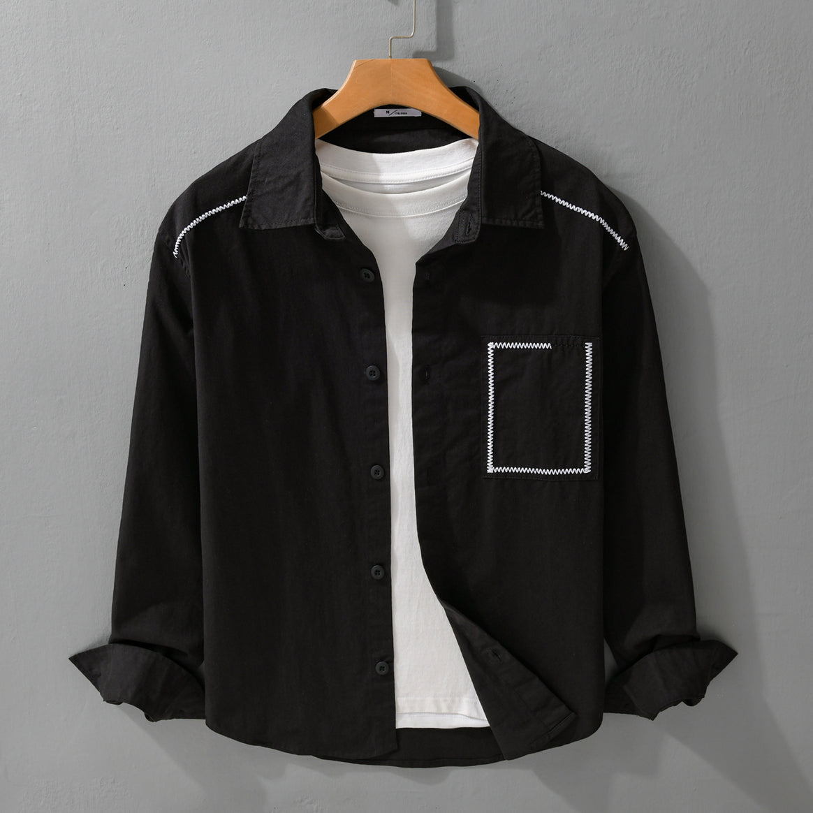Men's cotton shirt with decorative zigzag seams and chest pocket Mune Fashion