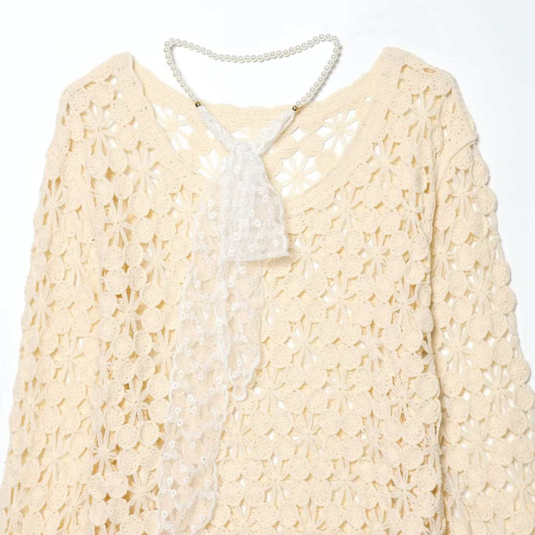 Women's crochet pullover with floral lace look, scallop hem, and delicate ribbon Mune Fashion