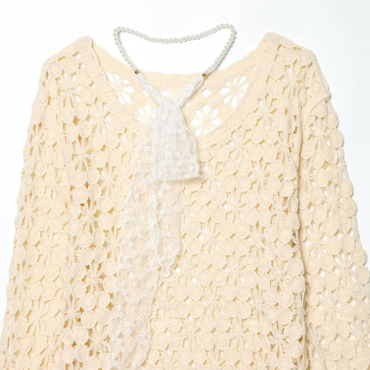 Women's crochet pullover with floral lace look, scallop hem, and delicate ribbon Mune Fashion