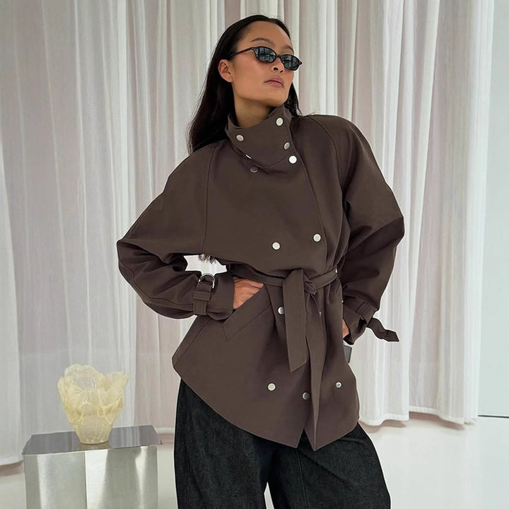 Women's Tailorable Oversized Short Trench Coat with High Stand Collar, Snap Button Front and Belt Mune Fashion