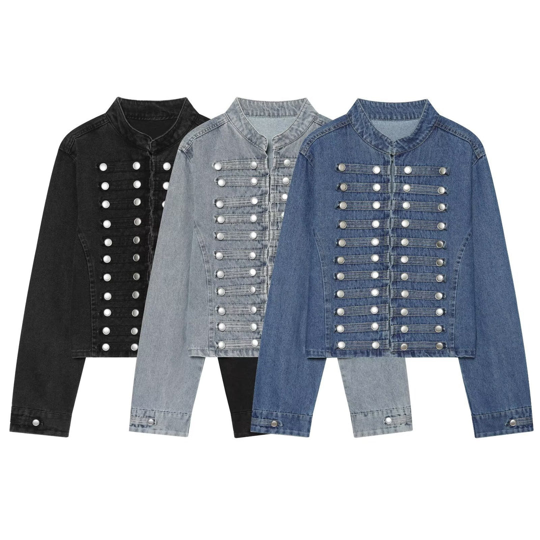 Ladies short cut denim jacket in military style with stand-up collar and decorative button rows Mune Fashion