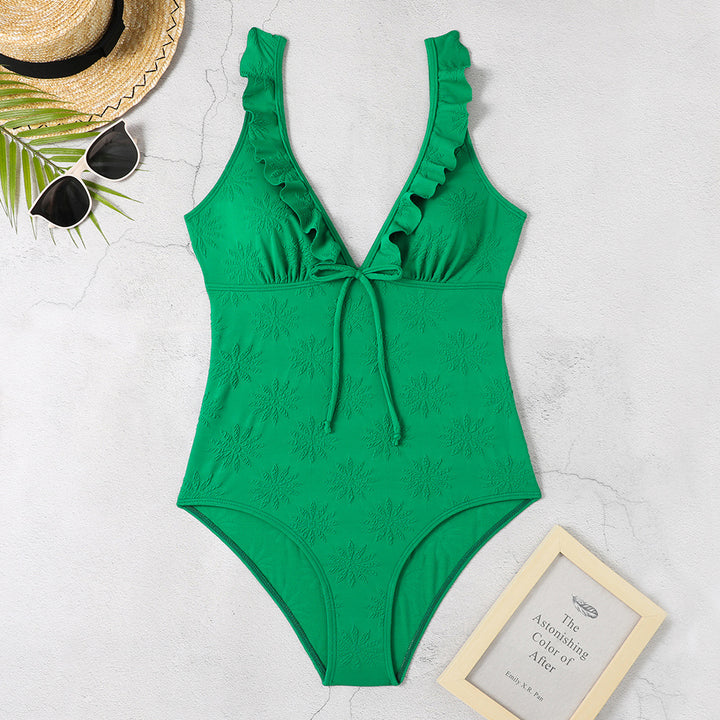 Women One-Piece Swimsuit with Playful Ruffle Details and Elegant Tie Band Mune Fashion