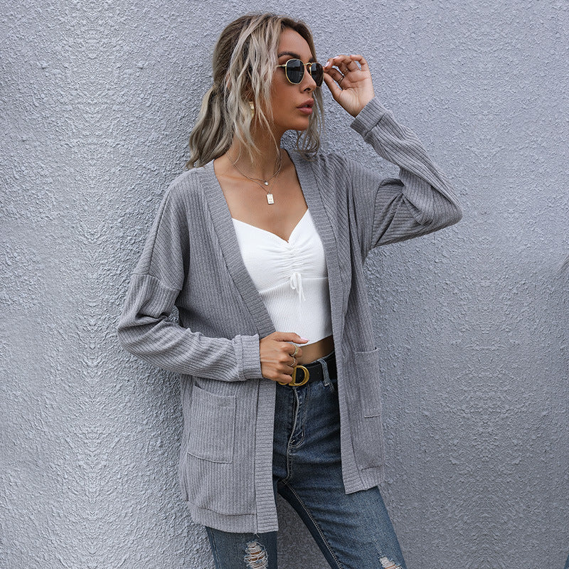 Women Loose Fine Knit Cardigan with Ribbed Textured Knit and Patch Pockets Mune Fashion