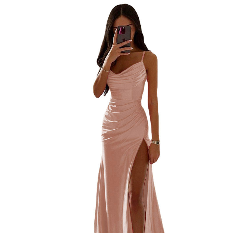 Women Elegant Evening Dress with Gatherings and High Split Mune Fashion