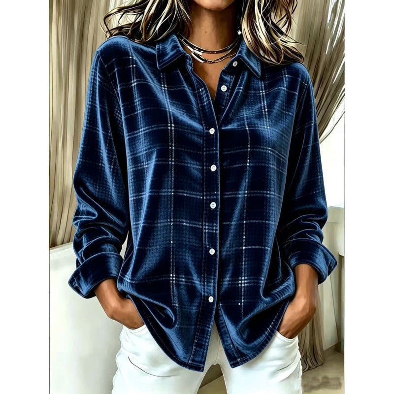 Women's Velvet Shirt Blouse with Check Pattern and Loose Oversized Cut Mune Fashion