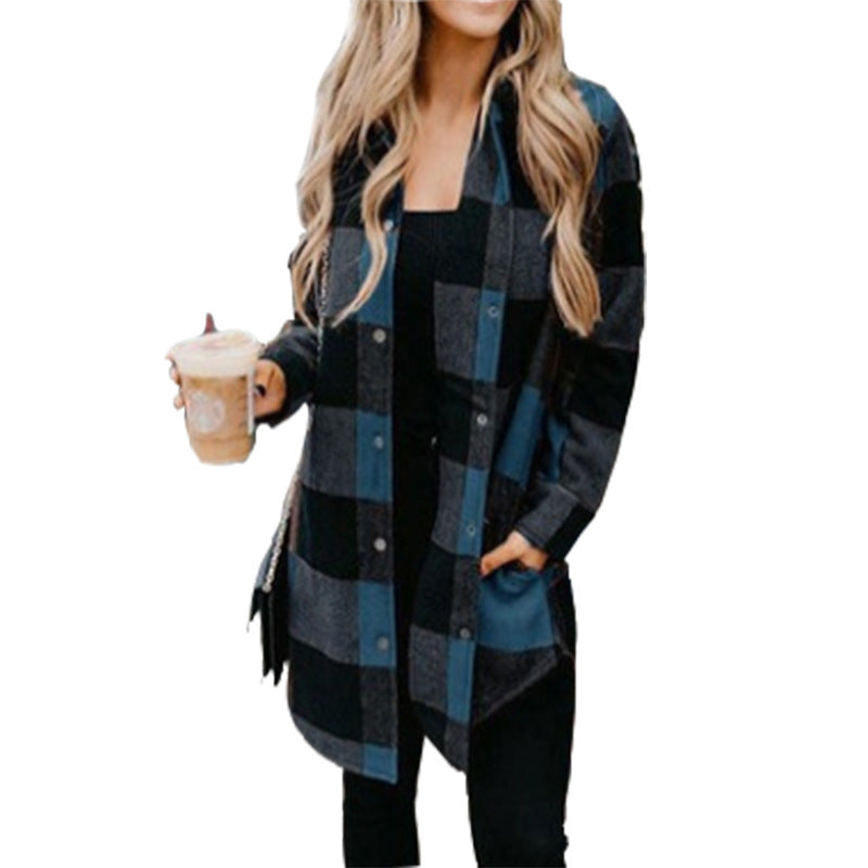 Women's Casual Long Blouse In Check Design with Button Placket Mune
