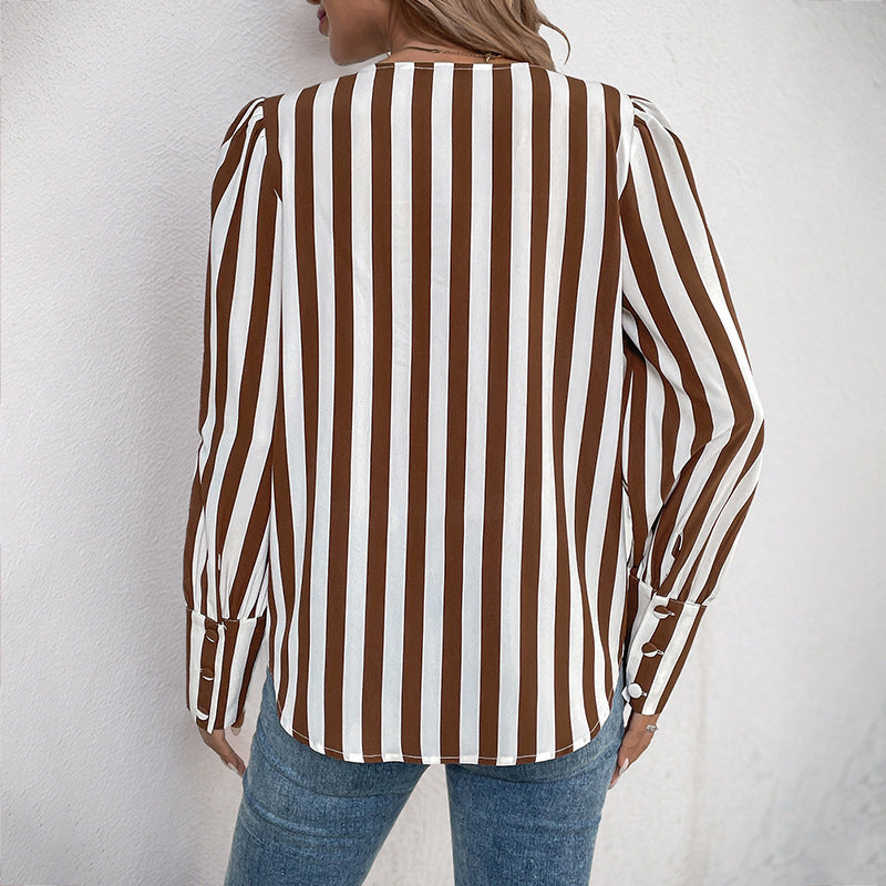 Women Elegant Striped Blouse with Button Details Mune Fashion
