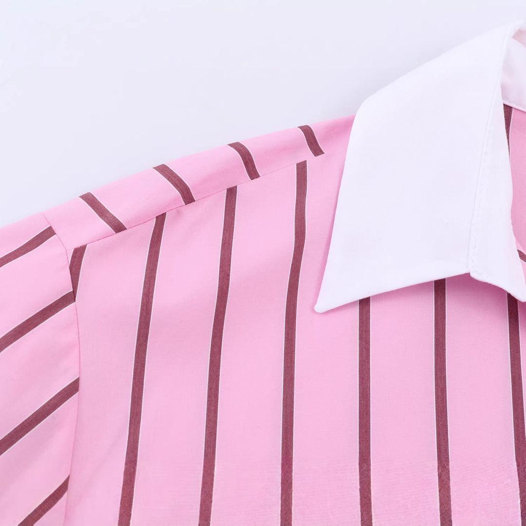 Ladies Oversized Shirt Blouse with Contrast Collar, Cuffs and Vertical Stripe Pattern Mune Fashion