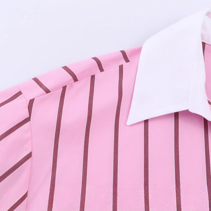 Ladies Oversized Shirt Blouse with Contrast Collar, Cuffs and Vertical Stripe Pattern Mune Fashion