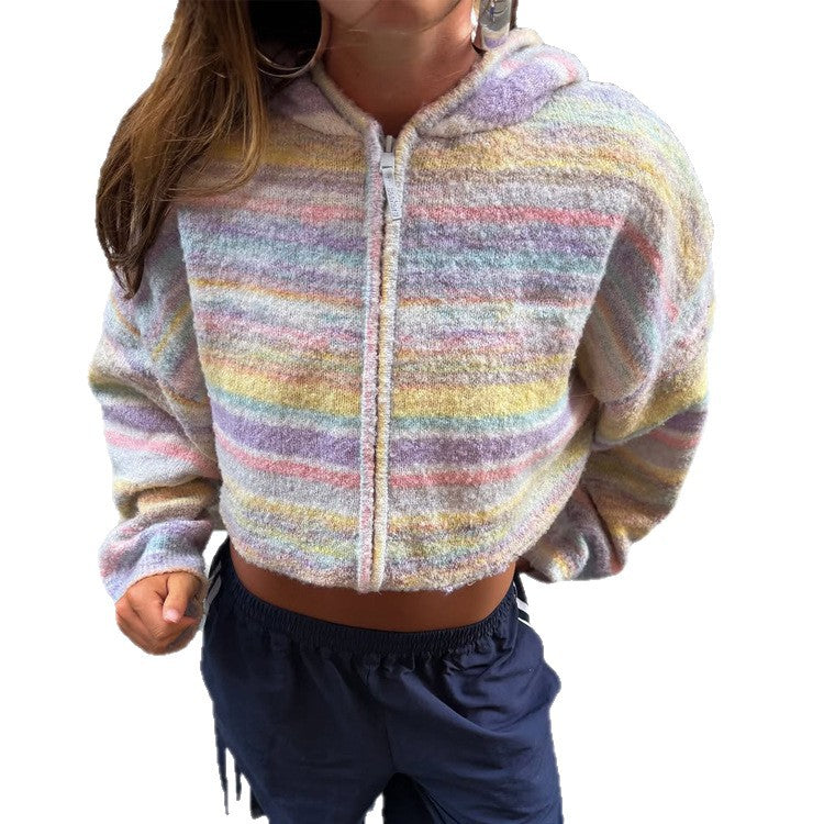 Women Cropped Hooded Cardigan in Fluffy Stripe Pattern with Zipper and Boxy Cut Mune Fashion