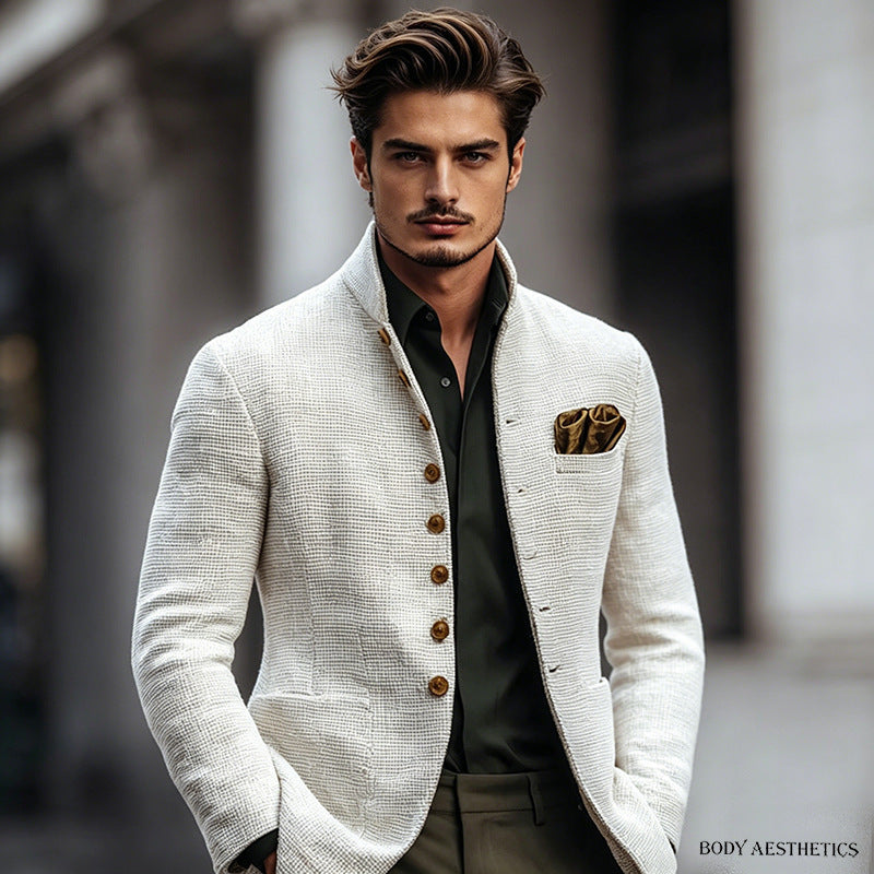 Men's Structured Linen Blazer with Stand Collar and Decorative Button Row Mune Fashion