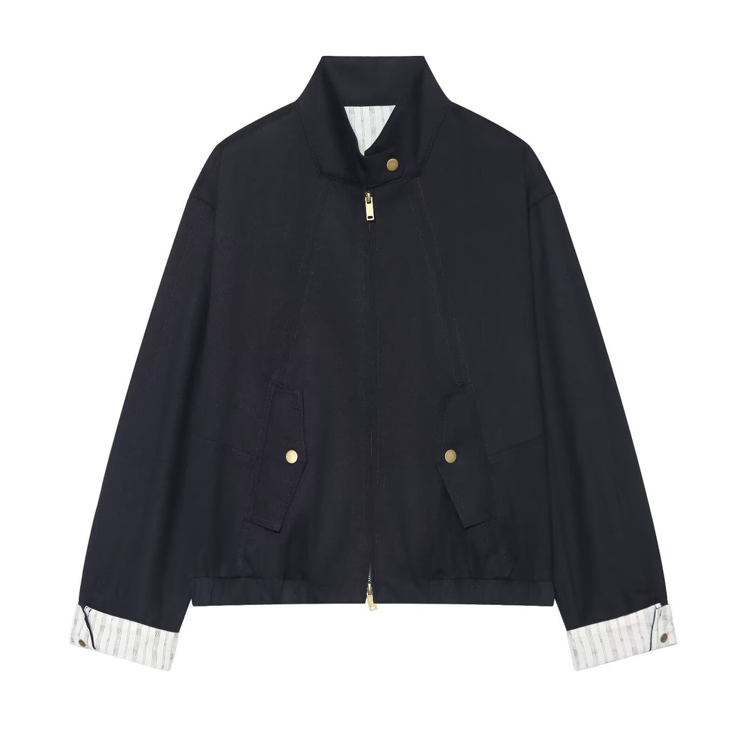 Women Short Boxy Blouson with Stand-up Collar, Applied Flap Pockets and Gold-colored Details Drune