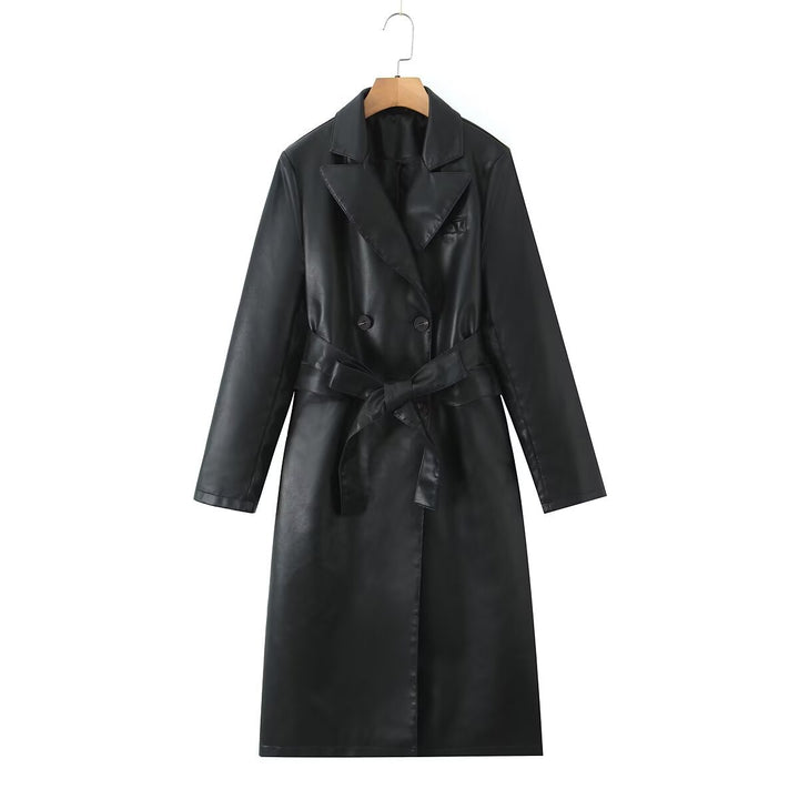 Women's longer tailored coat in leather look with tie belt and lapel collar Mune Fashion