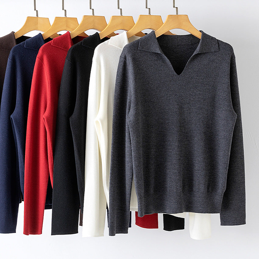 Women's fine knit pullover with V-neck and shirt collar Mune Fashion