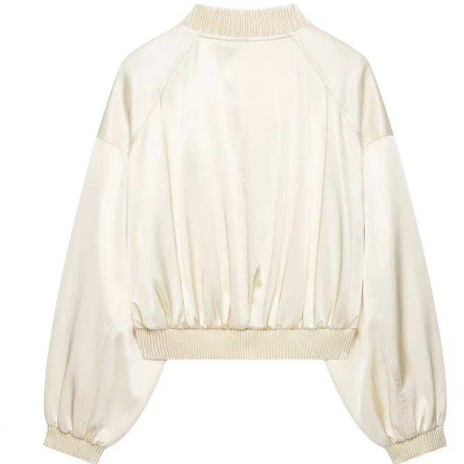 Women Lightweight Cropped Bomber Jacket in Satin Look with Ribbed Cuffs and Drop Shoulder Mune Fashion