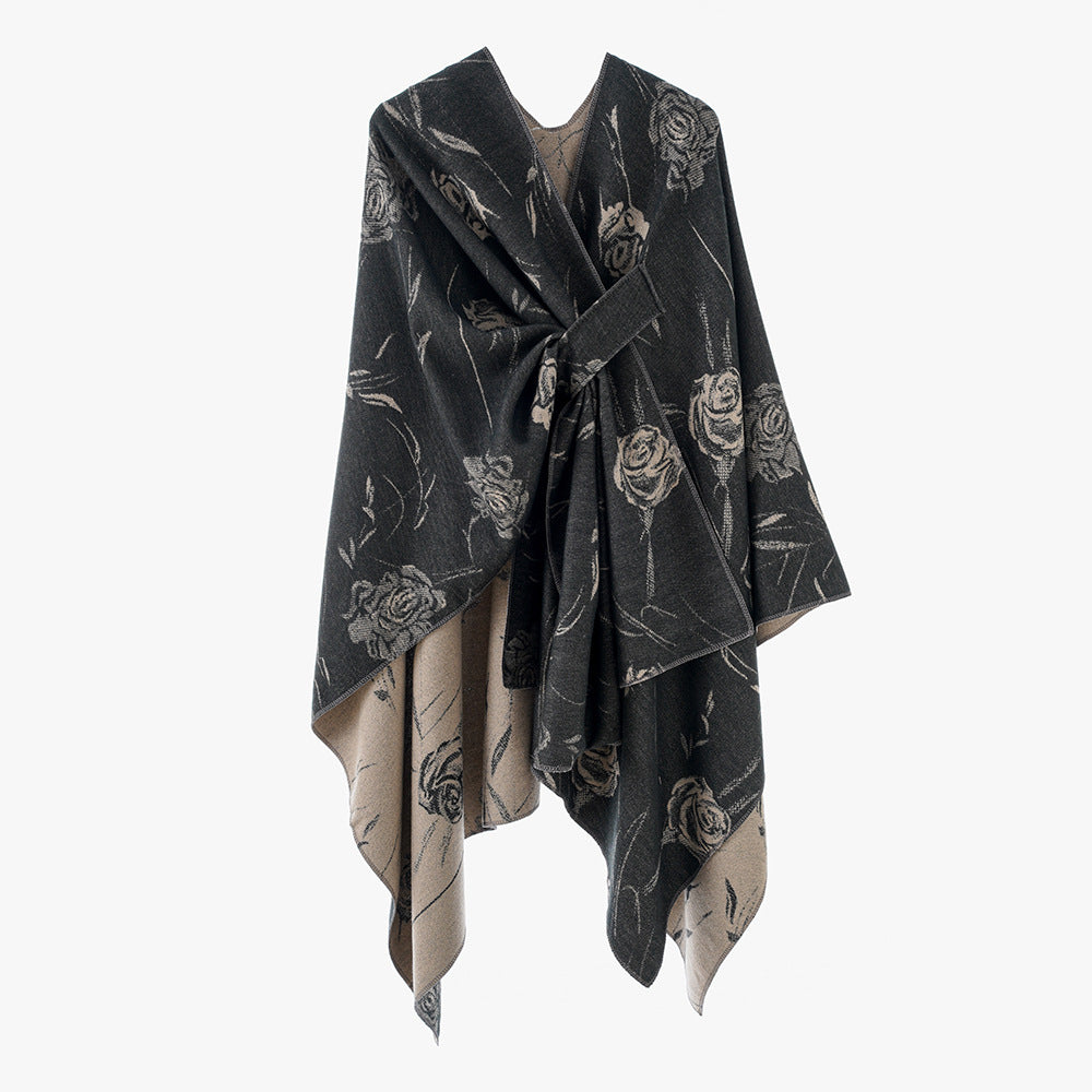 Ladies Reversible Jacquard Wrap with Rose Pattern and Tying Belt Mune Fashion