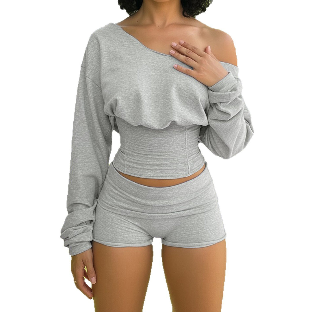 Women’s asymmetrical one-shoulder lounge set with fitted gathered crop top and high-waisted flap shorts Mune Fashion