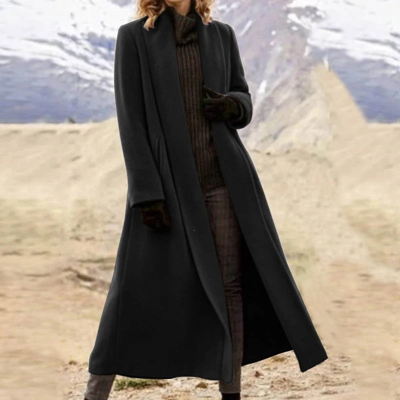 Women elegant long wool blend coat with open fall and side pockets Mune Fashion