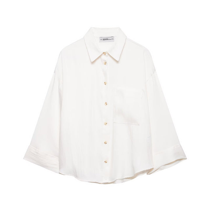 Women Oversized Shirt Blouse with Dropped Shoulders, Three-Quarter Sleeves and Chest Pocket Mune Fashion
