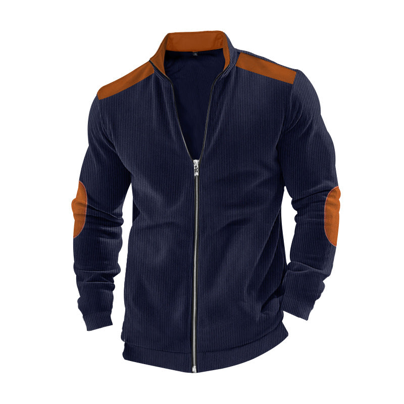 Men's ribbed leisure jacket with stand-up collar, full-length zipper and elbow and shoulder patches Mune Fashion