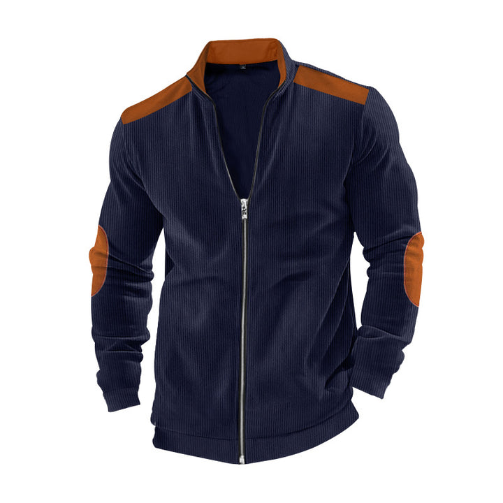 Men's ribbed leisure jacket with stand-up collar, full-length zipper and elbow and shoulder patches Mune Fashion